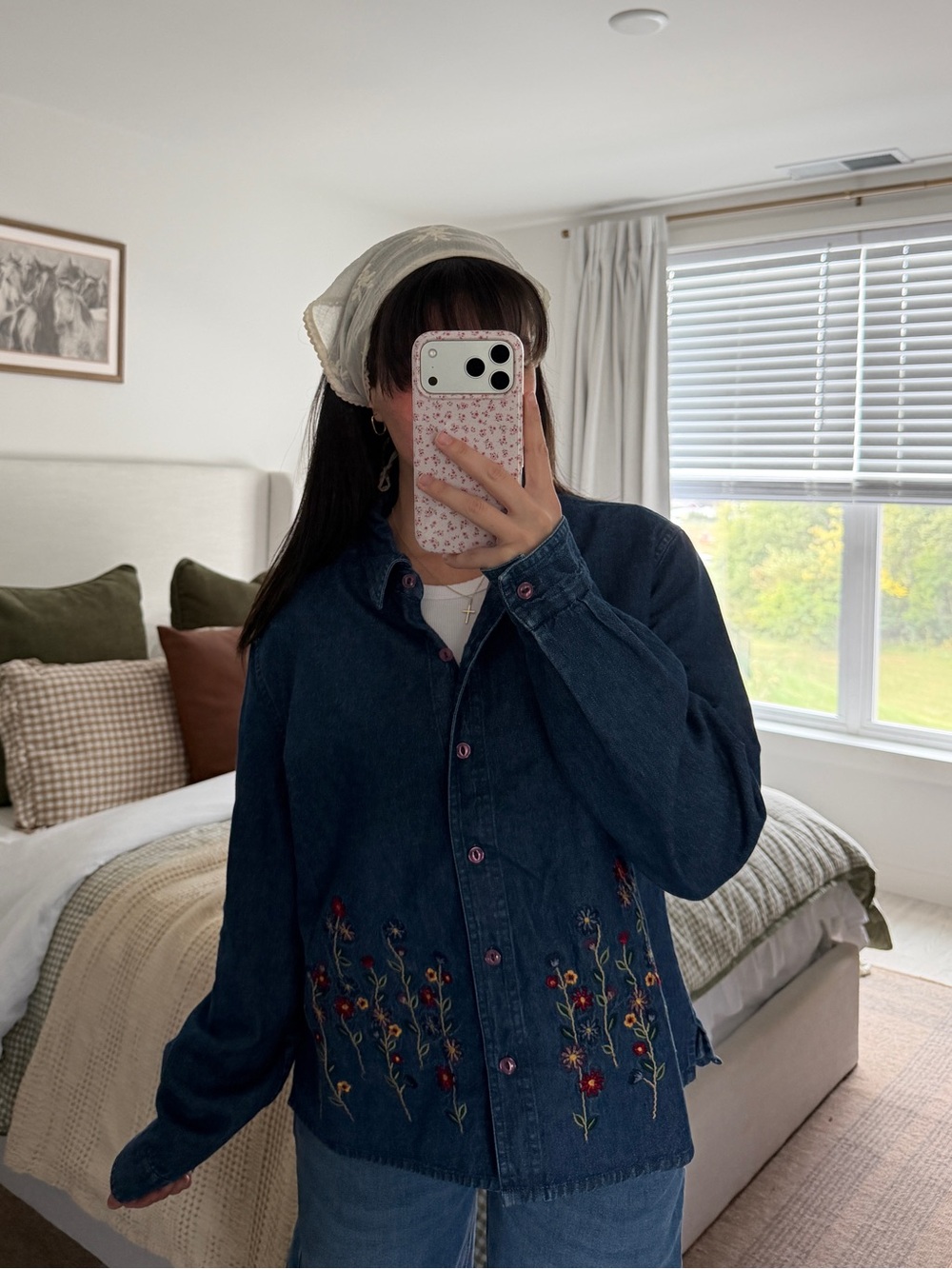 Vintage Denim Button Up Top with Embroidered Flowers